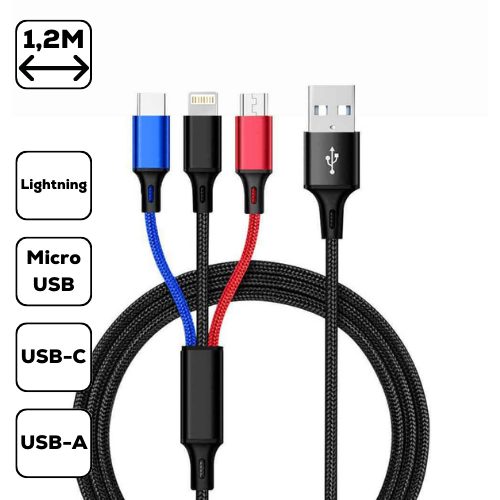 3-in-1 töltőkábel, micro USB+Type-c+lightning