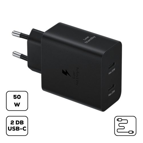 Sam hálózati duo tölt.kábellel,50W PD USB-C,Fekete