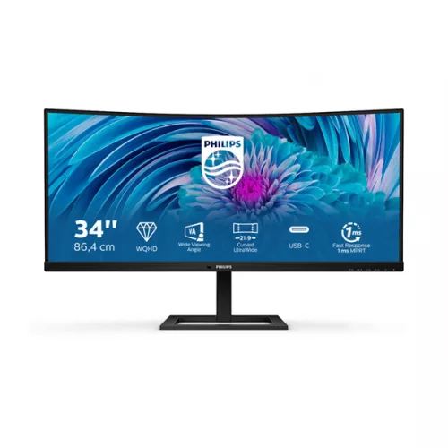 PHILIPS Ívelt VA monitor 34" 346E2CUAE, 3440x1440, 21:9, 350cd/m2, 1ms, 100Hz, USB-C/4xUSB/DisplayPort/HDMI, hangszóró
