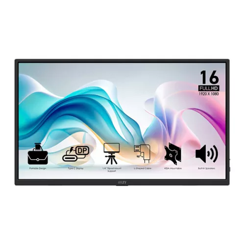 MSI Monitor Business PRO MP165 E6, 15,6" FHD 1920x1080, IPS, 250 cd/m2, 16:9, 60 Hz, 4ms, 2x USB-C, miniHDMI, Black