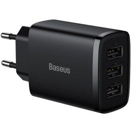   Hálózati töltő adapter, 17W, 3 x USB aljzat, gyorstöltés, Baseus Compact, fekete