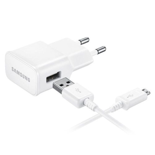 Hálózati töltő adapter, 5V / 1550mA, USB aljzat, microUSB kábellel, Samsung, fehér, gyári