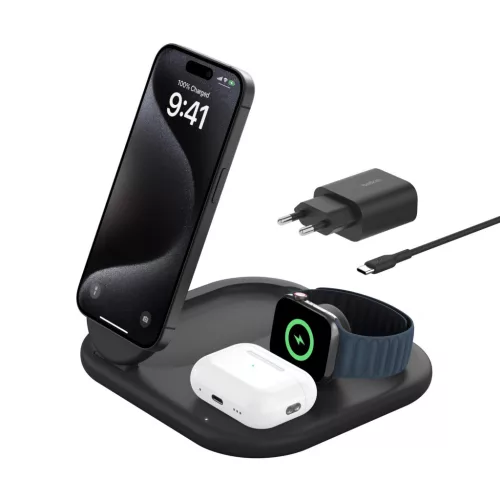 Belkin BOOST CHARGE Qi2 15 W 3 az 1-ben mágneses töltőállvány, összecsukható, fekete