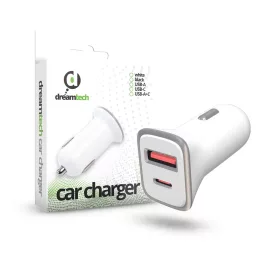   Dreamtech PD 18W FEHÉR Autós töltő Type-C + USB A csatlakozókkal
