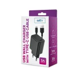 Setty 1× USB 3A töltő + 1,0 m USB-C kábel, fekete