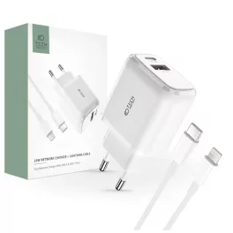   Tech-Protect Hálózati Töltő szett PD20W / QC3.0 USB-A+C + USB-C / Lightning kábellel Fehér