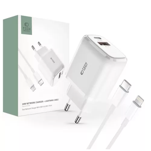Tech-Protect Hálózati Töltő szett PD20W / QC3.0 USB-A+C + USB-C / Lightning kábellel Fehér