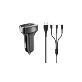   Usams KING TU C13 autós töltő 2 USB aljzat (10W, LED jelzés + lightning/microUSB/Type-C kábel) FEKETE (NTU35YTSC13TZ)
