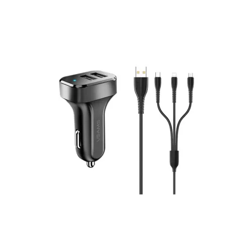 Usams KING TU C13 autós töltő 2 USB aljzat (10W, LED jelzés + lightning/microUSB/Type-C kábel) FEKETE (NTU35YTSC13TZ)