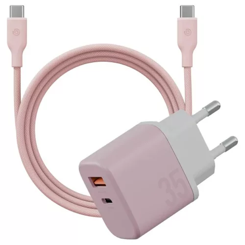 Fali töltő Bazic GoPort Velox Kit USB-C/USB-A GaN 35W kábellel rózsaszín