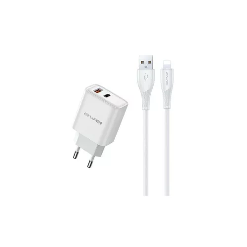 AWEI PD81L-EU 22.5W GaN töltő + USB kábel + Lightning fehér
