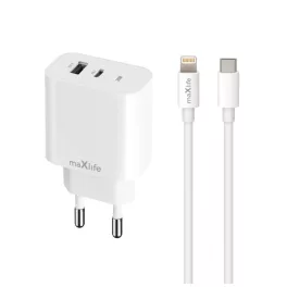   Maxlife MXTC-06-20AC PD QC 20W gyorstöltő 1× USB-C, 1× USB + USB-C–Lightning kábel 20W fehér