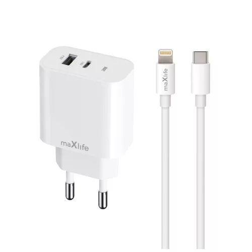 Maxlife MXTC-06-20AC PD QC 20W gyorstöltő 1× USB-C, 1× USB + USB-C–Lightning kábel 20W fehér