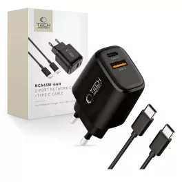  TECH-PROTECT NCA45W-GAN 2-portos hálózati töltő PD 45W / QC3.0 + TYPE-C kábel fekete
