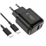 TECH-PROTECT NCA45W-GAN 2-portos hálózati töltő PD 45W / QC3.0 + TYPE-C kábel fekete