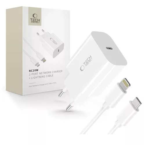 TECH-PROTECT NC20W 1-PORT hálózati töltő PD 20W + LIGHTNING CABLE fehér