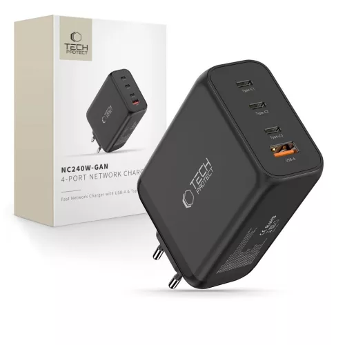 TECH-PROTECT NC240W-GAN 4-portos hálózati töltő PD 240W / QC3.0 fekete