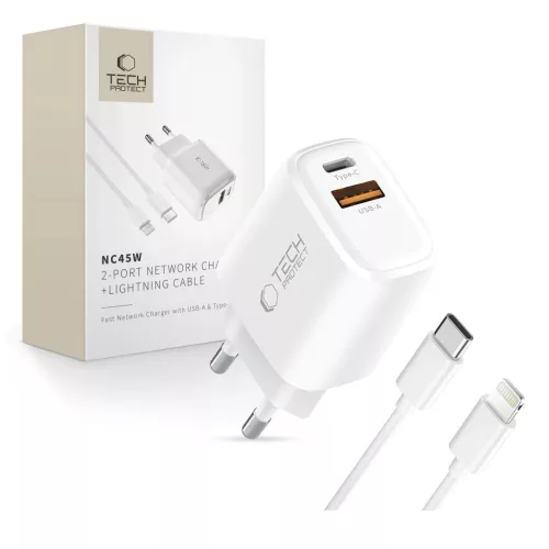 TECH-PROTECT NCA45W-GAN 2-PORT HÁLÓZATI TÖLTŐ PD 45W / QC3.0 + LIGHTNING CABLE fehér