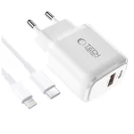 TECH-PROTECT NCA45W-GAN 2-PORT HÁLÓZATI TÖLTŐ PD 45W / QC3.0 + LIGHTNING CABLE fehér
