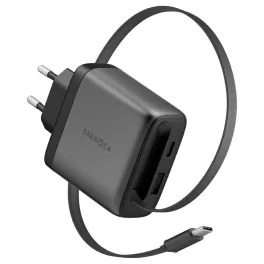   Fali töltő Energea Ampcharge Arc 65 USB-A/USB-C + visszahúzható USB-C kábel PD/PPS/QC3.0 GaN fegyverfém