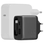 Fali töltő Energea Ampcharge Arc 65 USB-A/USB-C + visszahúzható USB-C kábel PD/PPS/QC3.0 GaN fegyverfém