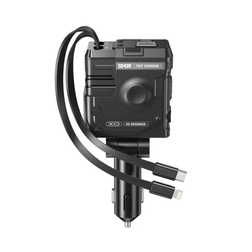 XO autós töltő CC66 104W 1x USB és 1x USB-C porttal, USB-C és Lightning kábellel, fekete