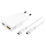 Fali töltő 4smarts PDPlug Slim Duos 20W GaN USB-C+USB-A + USB-C kábel 1.5m fehér