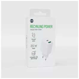   Forever újrahasznosított hálózati töltő USB + USB-C 20W LSR20-AC-00 fehér