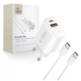   TECH-PROTECT NCA45W-GAN 2-PORT hálózati töltő PD 45W / QC3.0 + TYPE-C kábel fehér