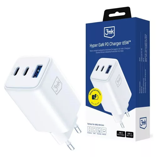Fali töltő 3MK Hyper GaN Charger 65W 1xUSB-A 2xUSB-C PD QC4+ fehér