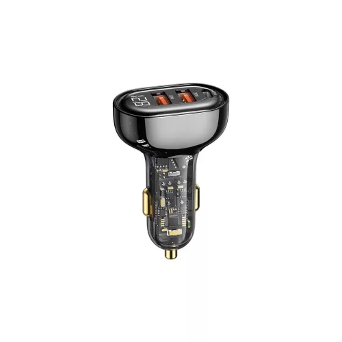 Usams autós töltő 2 USB+Type-C aljzat (125W, PD gyorstöltő, LED kijelző) FEKETE (CC158CC01)