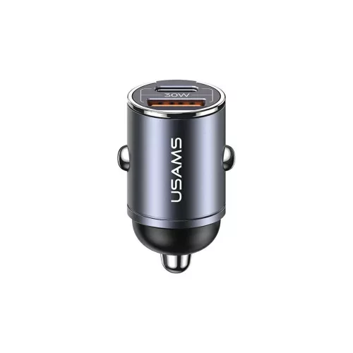 USAMS autós töltő 1xUSB+1xUSB-C C38 30WPD gyors töltés beépített gyűrűvel acél/patinált