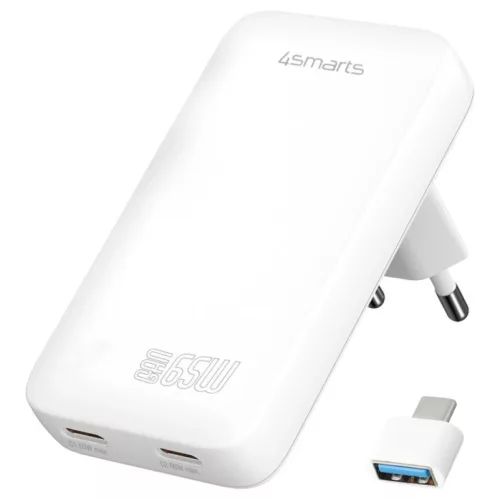 4smarts FlatPlug Slim Dual fali töltő 65W GaN 2xUSB-C fehér
