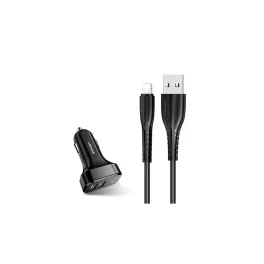   Usams KING-TU autós töltő 2 USB aljzat (10W + lightning kábel) FEKETE (NTU35LC13TZ)