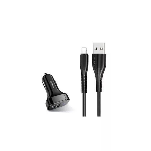 Usams KING-TU autós töltő 2 USB aljzat (10W + lightning kábel) FEKETE (NTU35LC13TZ)