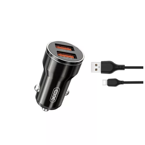 XO autós töltő CC48, 2× USB 2,4A USB-C kábellel, fekete