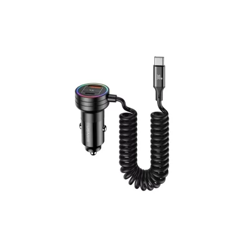 USAMS C33 autós töltő USB-A + USB-C aljzat (5V/3A, 60W, PD gyorstöltő + USB-C kábel) fekete (CC167CC01)