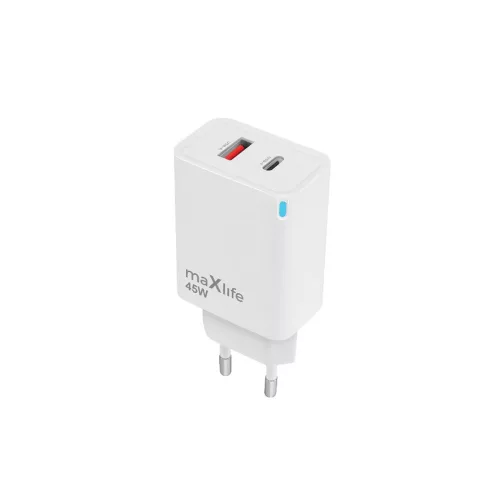 Maxlife MXTC-09-45AC GaN PD QC 45W töltő 1x USB-C 1x USB fehér