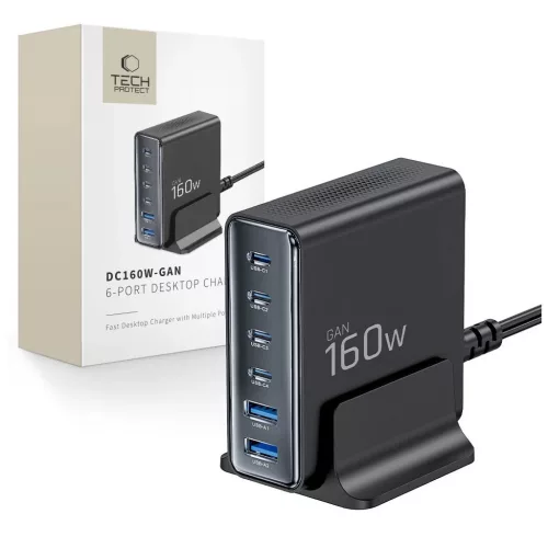 TECH-PROTECT DC160W-GAN 6-port asztali töltő PD 160W / QC3.0 fekete