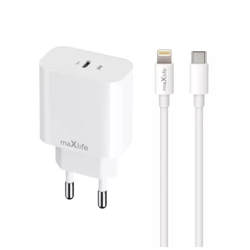 Maxlife MXTC-06-20C PD QC töltő 1x USB-C 20W fehér + USB-C–Lightning kábel 20W
