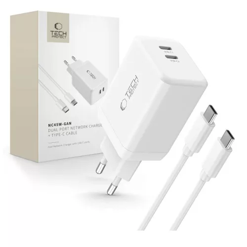 TECH-PROTECT NC45W-GAN hálózati töltő PD 45W + TYPE-C kábel fehér