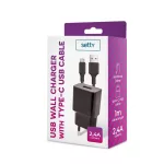 Setty töltő 1× USB 2,4A port + USB-C kábel 1,0 m új, fekete