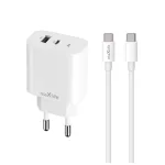 Maxlife MXTC-06-30AC PD QC 30W töltő 1x USB-C, 1x USB-A + USB-C–USB-C kábel 60W fehér