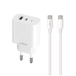   Maxlife MXTC-06-30AC PD QC 30W töltő 1x USB-C, 1x USB-A + USB-C–USB-C kábel 60W fehér