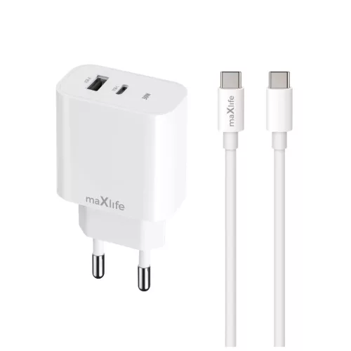 Maxlife MXTC-06-30AC PD QC 30W töltő 1x USB-C, 1x USB-A + USB-C–USB-C kábel 60W fehér