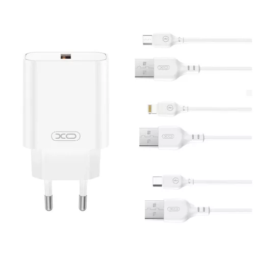 XO CE33 QC 18W 1x USB fali töltő + Lightning-kábel fehér