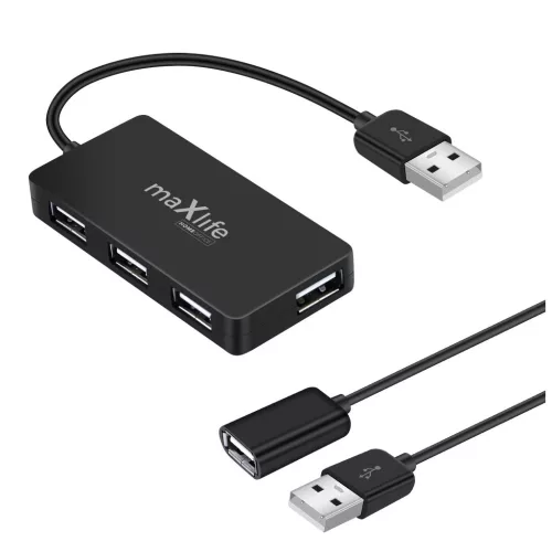 Maxlife Home Office USB 2.0 elosztó, 4× USB-port, 0,15 m + 1,5 m kábel, fekete