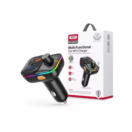 XO BCC09 2xUSB-A 1xUSB-C autós töltő és fm transzmitter fekete (TF-0246)