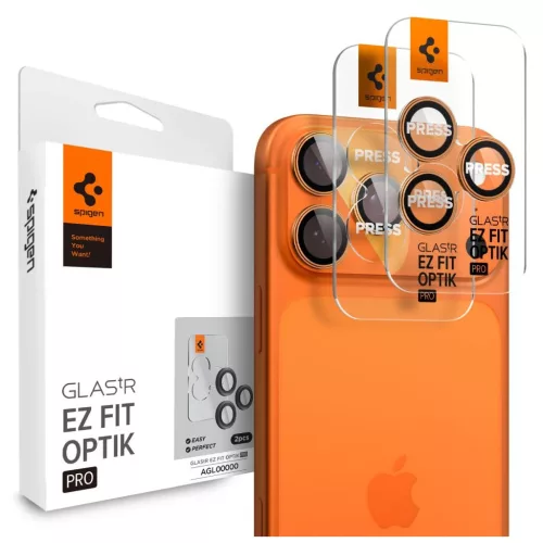 SPIGEN Optik Pro Glas.Tr "EZ FIT" Kameravédő 2 db iPhone 14 Pro/Max, iPhone 15 Pro/Max, iPhone 16 Pro/Max, iPhone 17 Pro/Max készülékhez narancssárga