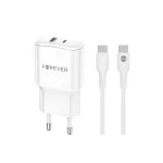 Forever TC-01-20AC 20W PD QC töltő 1× USB-C 1× USB fehér + USB-C–USB-C kábel 20W
